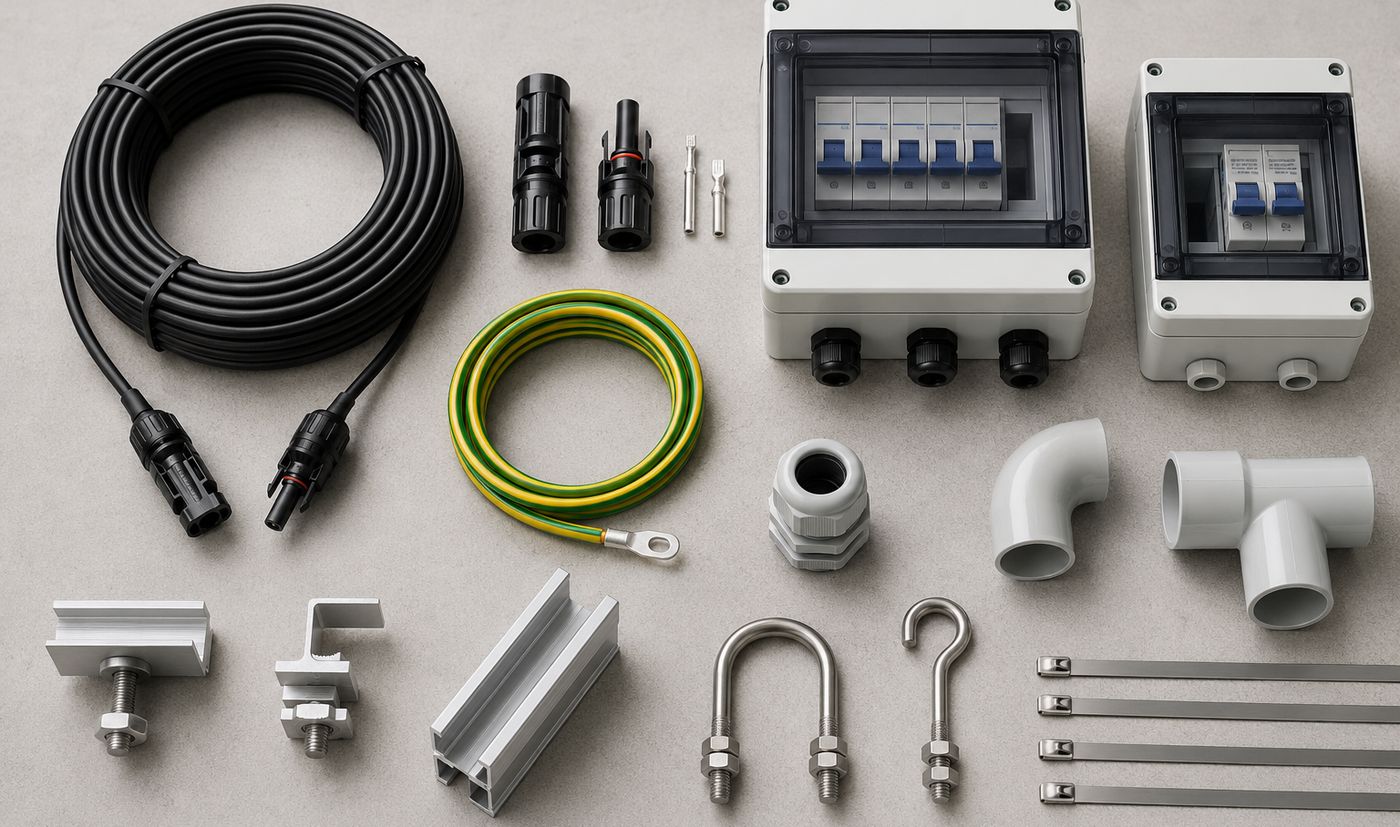 Solar installation components flat lay