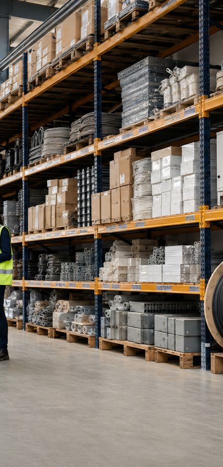 Warehouse aisle stocked with electrical goods